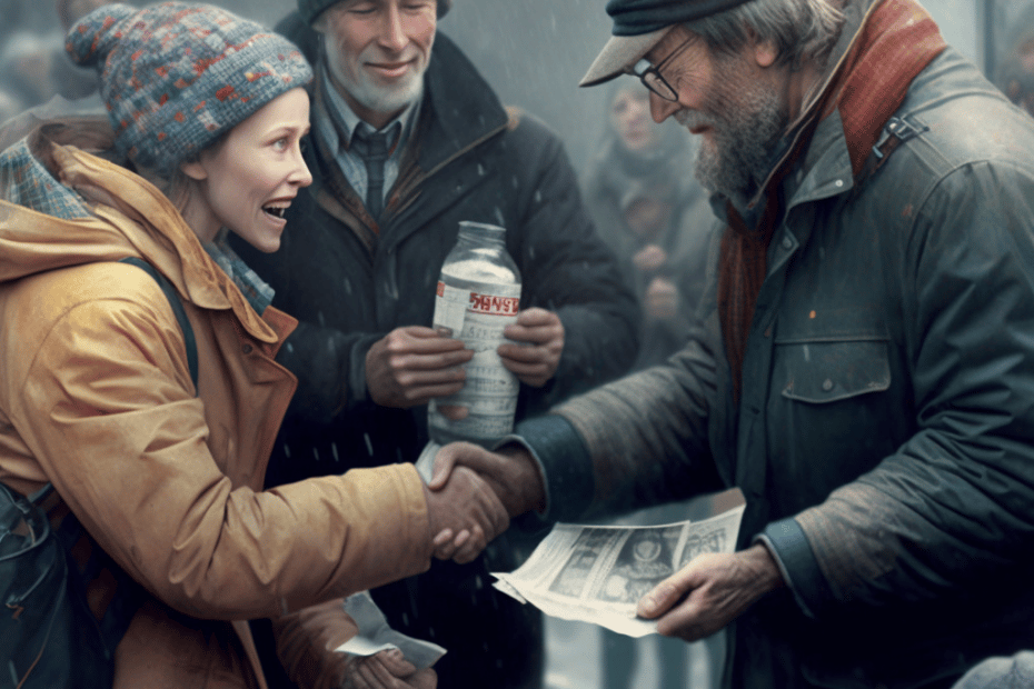 Midjourney AI maakt dit op de prompt 'people giving donations to a journalist'