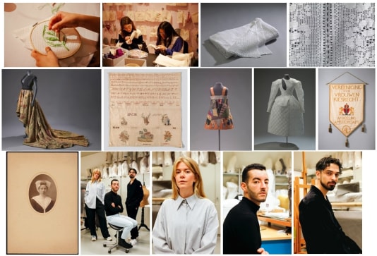 Een collage van foto s behorende bij de expositie in het amsterdam Museum, met veel beelden van geweven kunstwerken