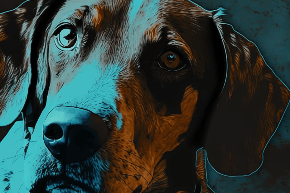 Gemaakt met Midjourney AI, via de prompt: dog staring picasso style