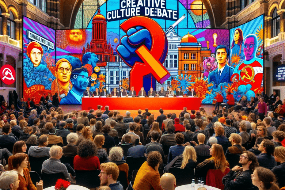 een fotorealistische afbeelding die is geïnspireerd door de tekst die u heeft verstrekt. Het beeldt een levendige en kleurrijke debatscène uit tijdens een cultureel evenement in de Herz zaal van TivoliVredenburg in Utrecht. De scène illustreert een deel van het 'Collectieve Creatieve Cultuurdebat', met een diverse groep deelnemers waaronder kunstenaars, beleidsmakers en politieke figuren. De sfeer is een mix van serieuze discussie en informeel gesprek, met een focus op kunst- en cultuurbeleid. Op de achtergrond is een digitale weergave te zien van door DALL-E gegenereerde interpretaties van politieke partijprogramma's, die overgaan in een reeks socialistisch-realistische kunstwerken.