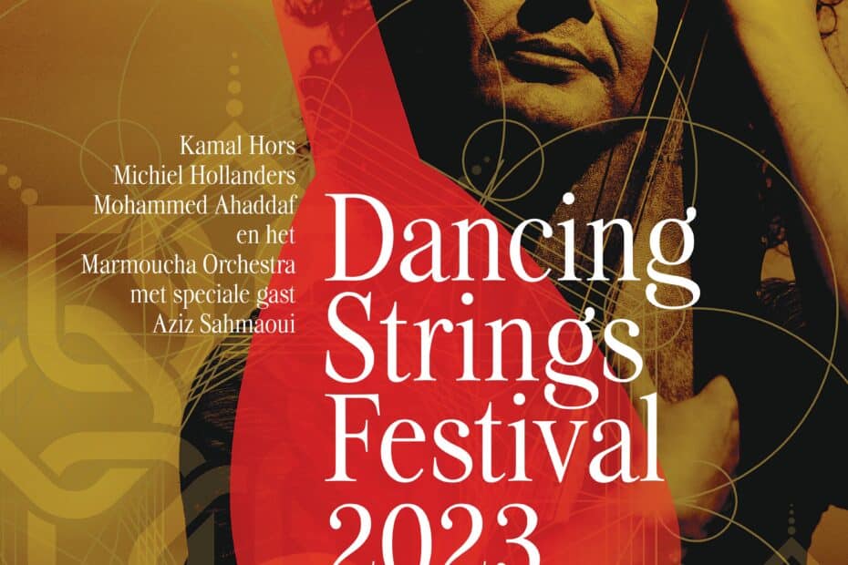 Poster van Dancing Strings Festival 2023, georganiseerd door Marmoucha Orchestra en Dancing Strings.