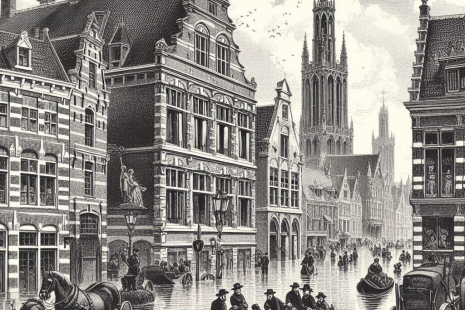 Gemaakt met DALL-E 3 op de prompt "Ravijnjaar dat de stad Utrecht treft"